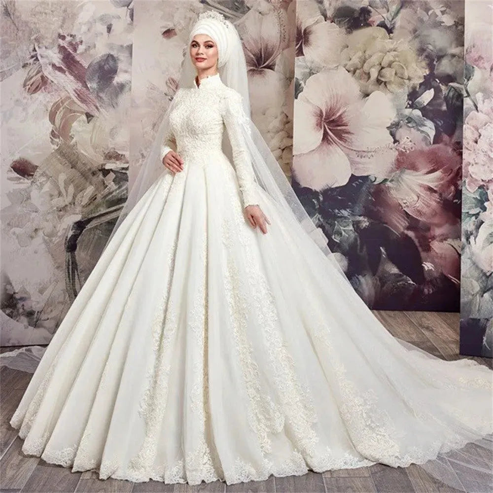 Luxury Muslim Wedding Dresses High Neck Long Sleeve Tulle Lace Applique Beading New Bridal Gown Customize Robe De Mariage WHITE