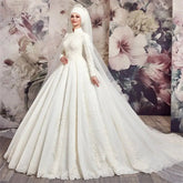 Luxury Muslim Wedding Dresses High Neck Long Sleeve Tulle Lace Applique Beading New Bridal Gown Customize Robe De Mariage WHITE