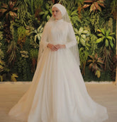 New Elegant Long Sleeves Hijab Bride Dress Luxury Beads Tulle White Muslim Wedding Dress Robe De Mariee Bridal Gown WHITE