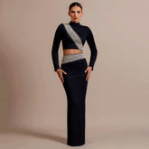 2025 New Black Red Women Long Sleeve Shinning Diamond 2 Pieces Bodycon Bandage Long Dress Elegant Normal Evening Party Outfit