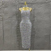 Colorful Sequins Women Sexy Strapless Bodycon Long Dress Necklace Celebrate Evening Party Nightclub Party Bar Singer Outfit