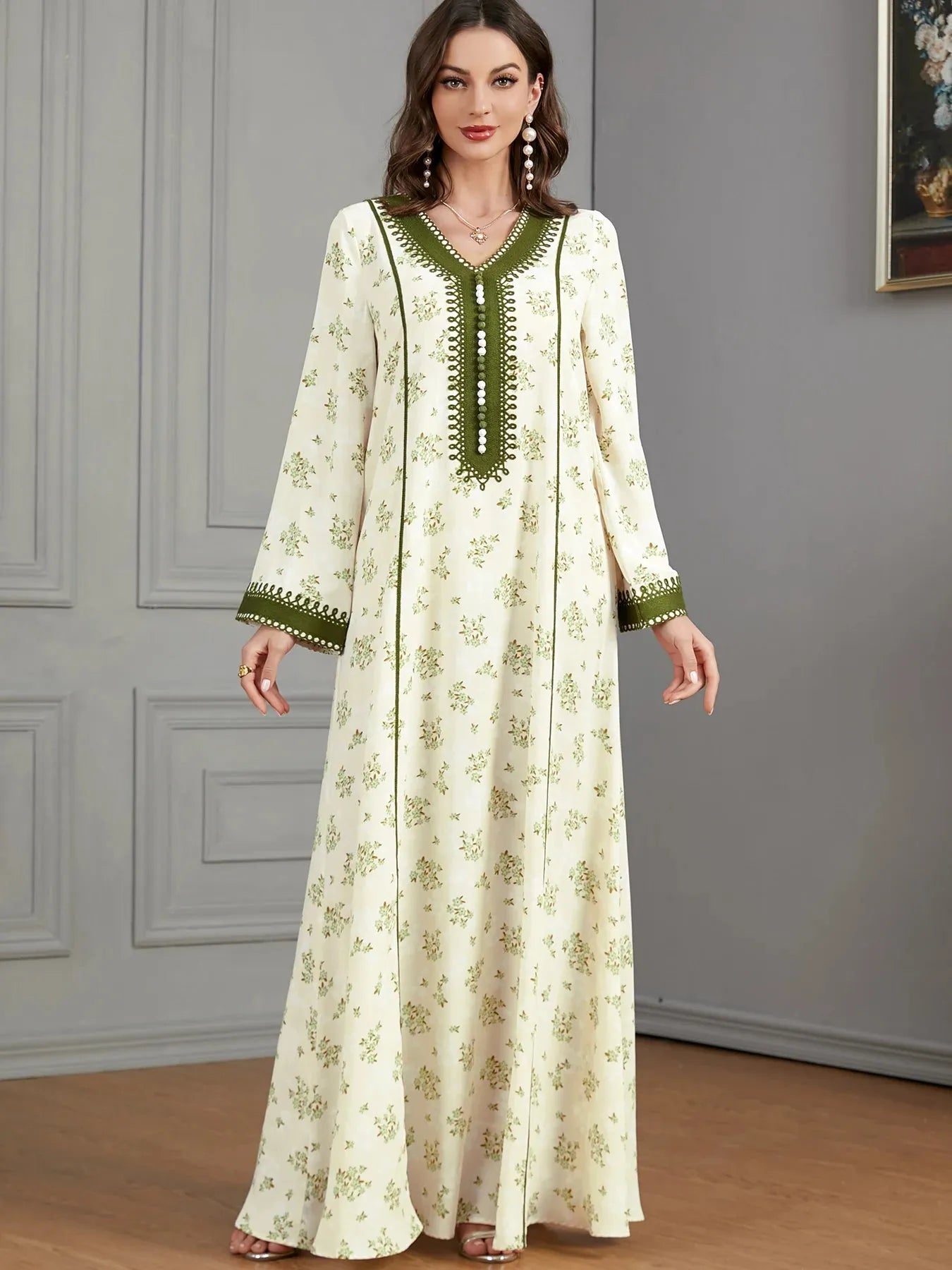 Jalabiya for Women Floral Print Oriental Dress Islamic Clothing Muslim Abaya Ramadan Eid Dubai Turkish Hijabi Robe (No Scarf)