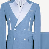 White Stripe Men's Suit Double Beasted Sky Blue Casual Business Male Groom Wedding Tuxedo Dress 2 Pieces Set