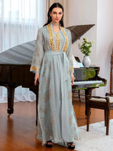 2 Piece Suit Embroidery Guipure Lace V-Neck Full Sleeve Elegant Casual Belted Clothing For Islamic Gulf Women Light Green Dress