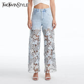 TWOTWINSTYLE Solid Loose Spliced Hollow Out Fashion Jeans for Women High Waist Patchwork Applique Wide Leg Pants Female Clothing