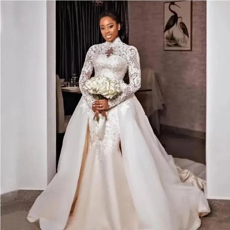 Graceful Lace Mermaid Wedding Dresses High Neck Plus Size Bridal Gowns Detachable Train Long Sleeve Arabic Vestido De Novia WHITE