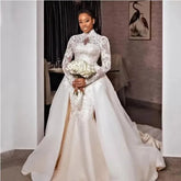 Graceful Lace Mermaid Wedding Dresses High Neck Plus Size Bridal Gowns Detachable Train Long Sleeve Arabic Vestido De Novia WHITE