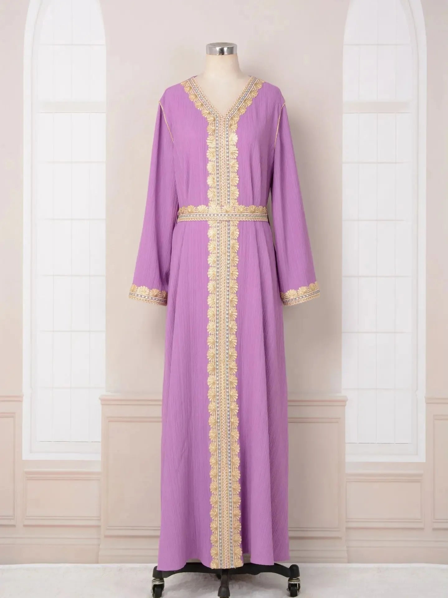 Dubai Dresses for Women Gold Appliques Belted Abaya Islamic Clothing Traditional Arabic Robe Evening Party Ramadan Eid Muslim Lavender