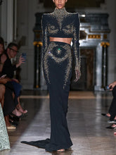 2025 New Autumn Women Long Sleeve Sexy Shinning Rhinestones 2 Pieces Bodycon Long Skirt Set Formal Evening Party Celebrate Set