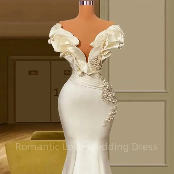 Elegant Satin Flower Deep V-Neck Evening Dresses Female Milky White Sleeveless Wedding Party Gowns Mermaid Pearl Bride Dress