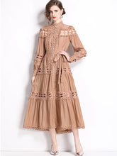 New Spring Autumn Stand Collar Lace Hollowed Out Single Breasted Dress Women's Vintage Elegant Full Sleeve Rnnway Long Dress