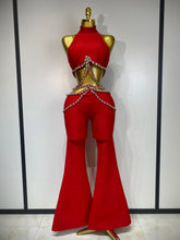 Women Luxury Rhinestone Red Sexy Cut Out Two Piece Pants Bandage Set 2025 Celebrity Designer Fashion Women's Set Stage Outfit