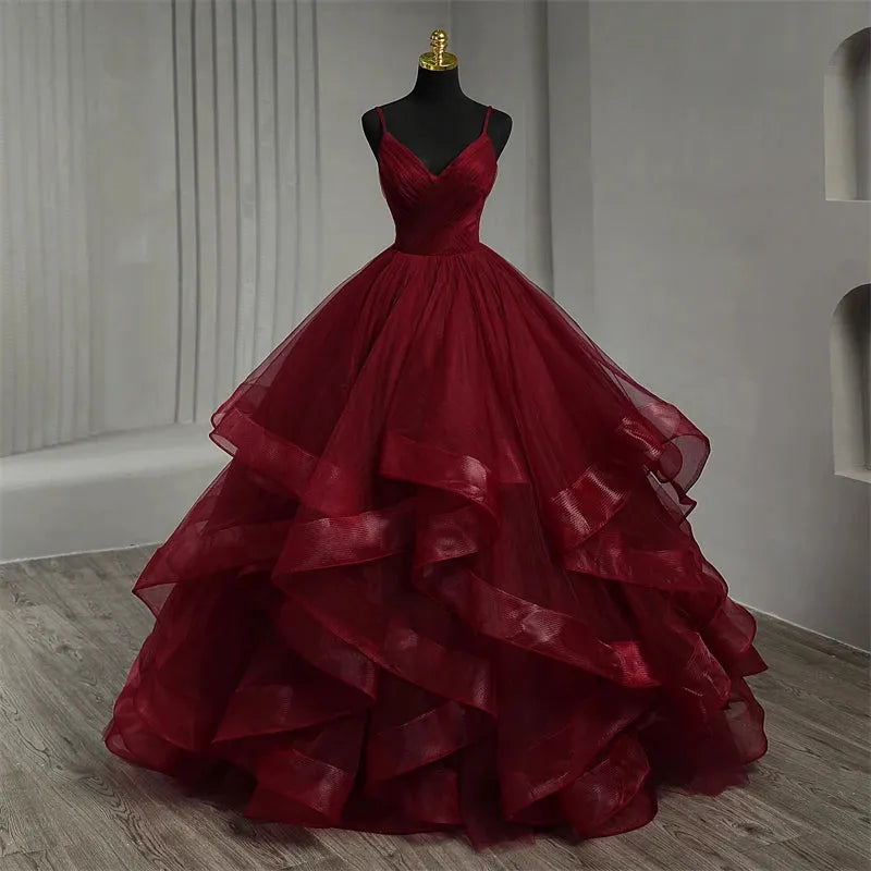 Fashion Lace Wined Red Black Quinceanera Dress Spaghetti Straps Ruched Organza Vestidos De 15 Debutante Gown Bohemia Princess