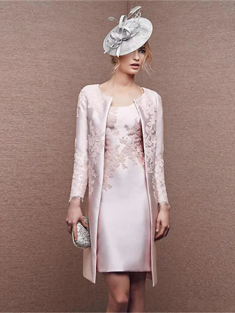 Two Piece Sheath Mother of the Bride Dress Scoop Neck Knee Length Satin Lace Sleeveless Jacket with Appliques Evening Gown same as picture 1