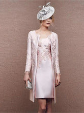 Two Piece Sheath Mother of the Bride Dress Scoop Neck Knee Length Satin Lace Sleeveless Jacket with Appliques Evening Gown same as picture 1