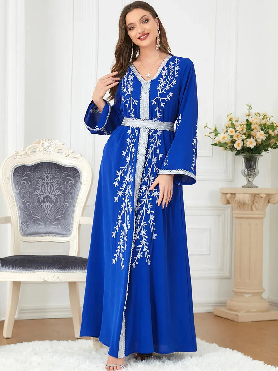 Leaf Embroidered Moroccan Oriental Dress Evening Party Kaftan for Women Belted Arabic Gown Islamic Caftan Muslim Abaya Ramadan