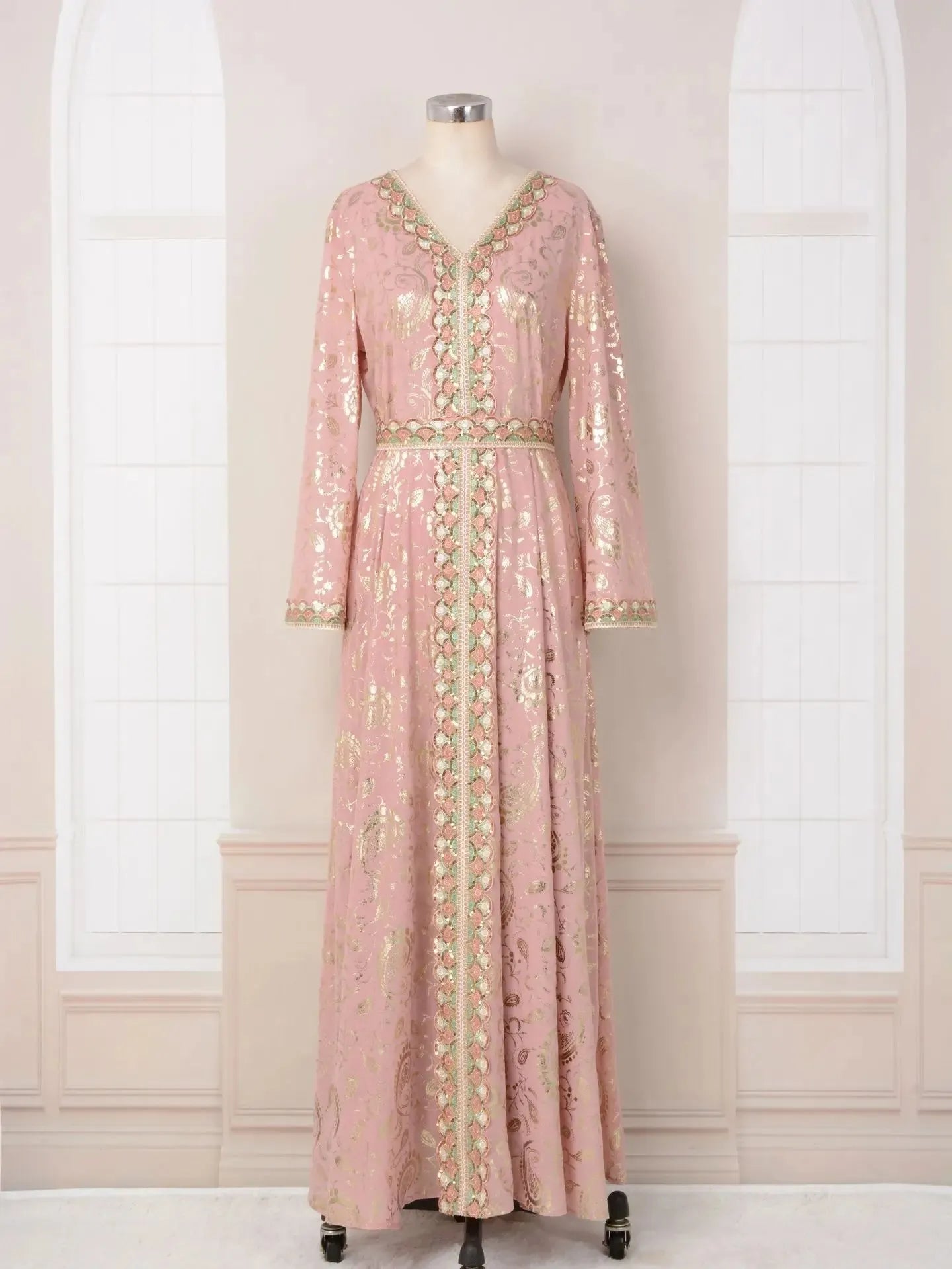 Moroccan Kaftans for Women Gold Stamping Party Evening Traditional Algerian Caftan Belted Arabic Dress Dubai Islam Muslim Abaya