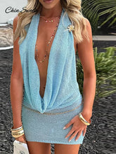 Glitter Halter Mini Dress Women Knit Backless Sleeveless Bodycon Party Club Dresses Female 2025 Summer Lady Fashion Y2K Robes