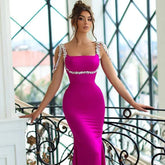 2023 New Summer Women's High Quality Sexy Sleeveless Diamond Tight Midi Bandage Dress Elegant Celebrity Party Dress