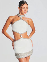 Women Celebrity Sexy Cut Out Halter White Diamonds Crystal Mini Bodycon Bandage Dress Elegant Evening Club Party Outfit