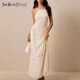 TWOTWINSTYLE Slimming Sheer Spliced Striped Casual Dresses for Women Halter Neck Sleeveless Backless Dress Female Fashion New