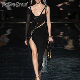 TWOTWINSTYLE Patchwork Paper Clip Dress For Women Diagonal Collar One Shoulder Sleeve High Waist Split Designer Dresses Female