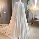 Chiffon Sequin Beading Muslim Wedding Dress with Cape Long Sleeve Arabic Dubai Bridal Gown High Neck Robe De Mariée Ivory