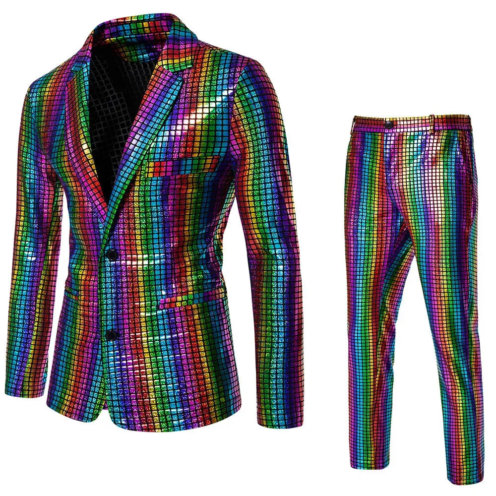Fashionable New Men's Sequin Hot Stamping Suit Disco Cosplay Party Stage Nightclub Shiny and Cool Performance Suit Set SizeS-3XL Colorful red
