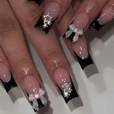 Black French Tips Press on Nails 3D White Bowknot Alloy Stars Designs Fake Nails Ballet Charms False Nails Korean Manicure 24Pcs