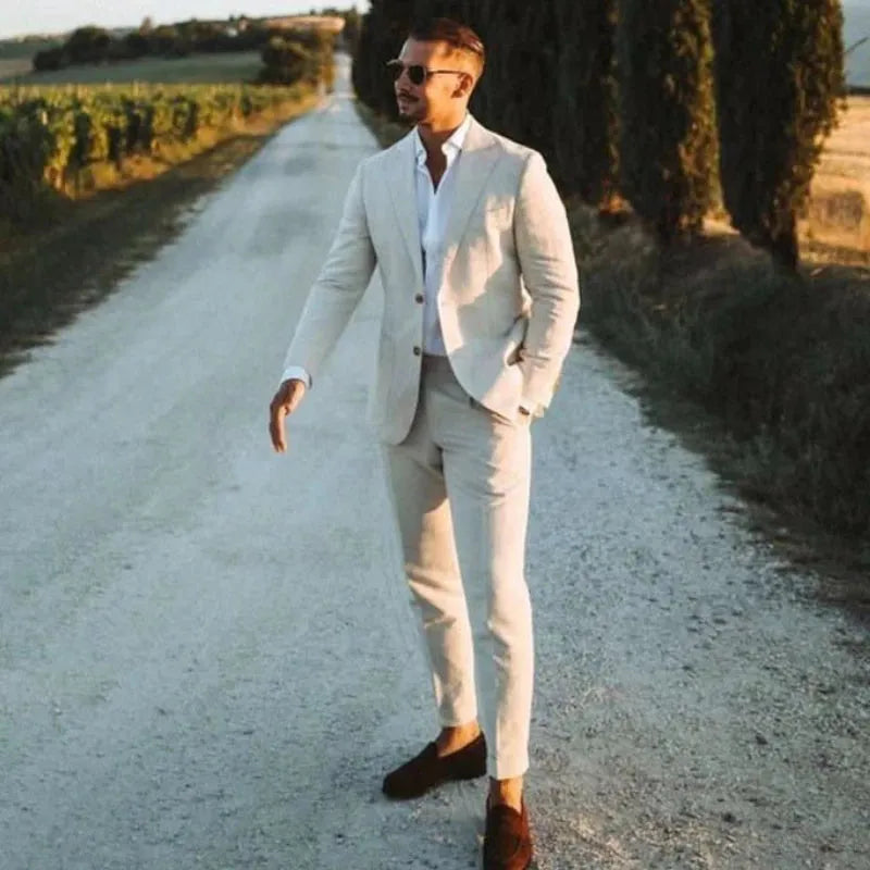 Linen Men Wedding Suits Notched Lapel Summer Groom Tuxedos Male Blazer Slim Fit Male Business Suit Jacket with Pants 2 Pcs