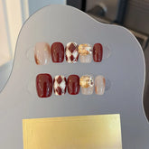 10Pcs Short Square Autumn Winter Handmade False Nails Glitter Rhombus Press on Nail Shiny Diamond Stick on Blooming Gel Nail Tip