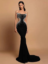 Women Luxury Sexy Strapless Diamonds Crystal Black Maxi Long Gowns Dress 2024 Elegant Evening Party Club Dress Vestido