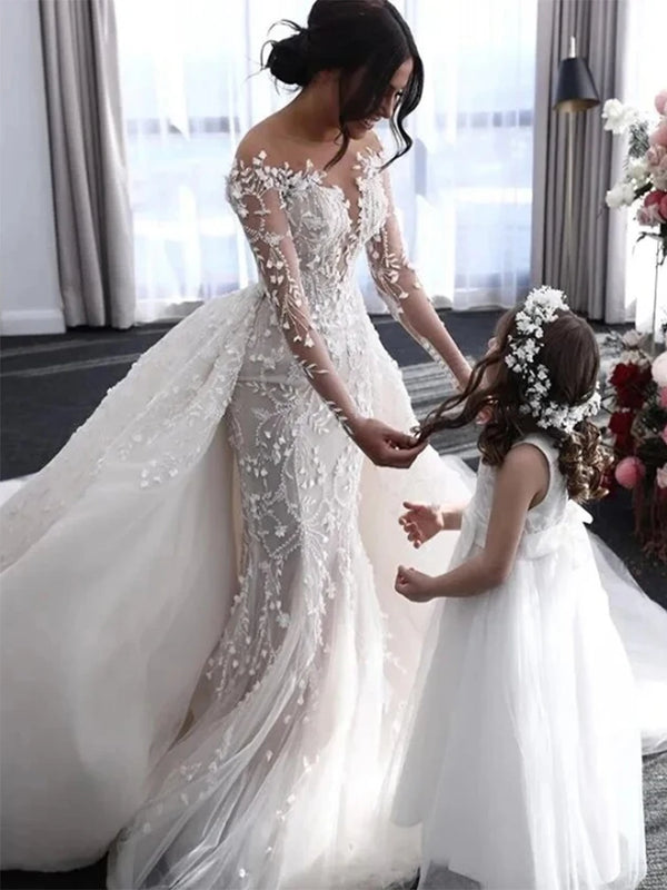 Luxury Illusion Long Sleeves V-neck Mermaid Wedding Dresses Appliques Detachable Train Boho Bridal Gown Vestidos De Novia