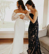 Detachable Long Sleeves Mermaid Wedding Dress For Women Simple Spandex Off Shoulder Beach Bride Dress Customize To Measure