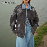 TWOTWINSTYLE Hit Color Cowboy Spliced Printing Jackets for Women Lapel Long Sleeves Patchwork Single Breasted Jacket Female New