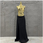 Hot Sale Discount Women Sexy Golden Tops Floor-length Skirt 2 Pieces Straight Dress Elegant Evening Party Celebrate Outfit