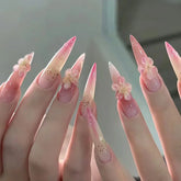 24Pcs Long Stiletto False Nails with 3D Flower Reusable Fake Nails Press on Powder Blusher Design Finished Full Cover Nails Tips
