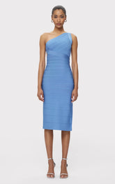 Skyblue Color Women Sexy One Shoulder Backless Bodycon Bandage Mid-calf Dress Celebrate Evening Party Cocktail Outfit Vestido