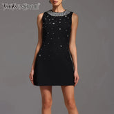 TWOTWINSTYLE Solid Slimming Spliced Bead Luxurious Mini Dresses for Women Round Neck Sleeveless Temperament Dress Female Fashion