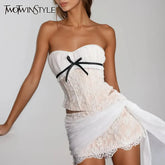 TWOTWINSTYLE Solid Slimming Two Piece Sets for Women Strapless Sleeveless Spliced Bow Top Patchwork Mesh Skirts Female Clothing
