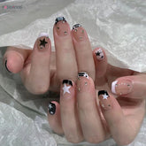 Short Square Fake Nails Y2K Style Nails Press on White/Black French Tips Star Diamond Designs False Nails for y2k Girls 24Pcs