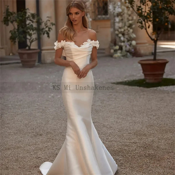 Ivory Mermaid Wedding Dresses Detachable Train Off Shoulder 3D Flowers Bride Dress Satin Overskirt Wedding Gowns Plus Size