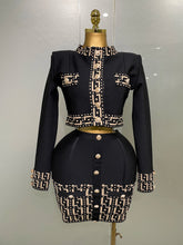 2025New Trendy Black Long Sleeves Two Pieces Bandage Set Button Top Short Skirt Suit Evening Party Women's Outfit Nightclub Wear