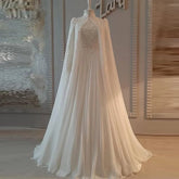 Chiffon Appliques Full Sleeves Muslim Wedding Dress with Cape Hijab Islamic Bridal Gowns High Neck Abaya Robe De Mariée WHITE