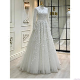 Princess Flowers Wedding Dresses For Women Bride Romantic Lace Long Sleeves Boho Bridal Gown France Robe De Soiree WHITE