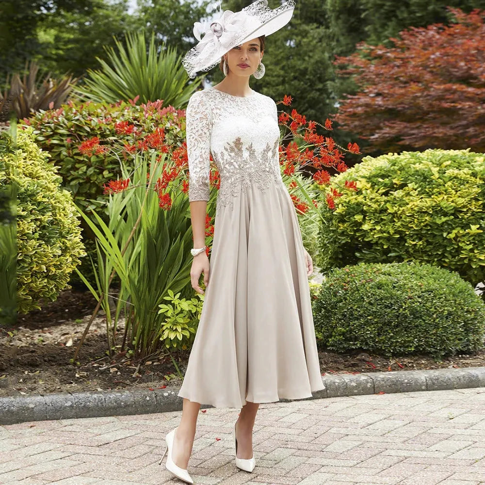 O-neck Sequined Applique Mother of the Bridal Dress Aline Chiffon Wedding Guest Gowns Three Quarter Evening