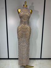 Elegant Sexy Sparkly Pearl Rhinestone Sleeveless Long Dress Women Birthday Party Evening Prom Wedding Luxury Photoshoot Outfits