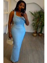 Women Celebrity Sexy Tank Studded Sky Blue Black Maxi Long Bodycon Bandage Dress 2024 Elegant Evening Club Party Outfit