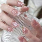 24Pcs Mid-length Square False Nail Shiny Powder Flower Butterfly Design Press on Nails Red Smudge Detachable Fake Nails Tips Art