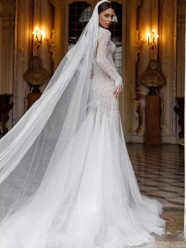 Modest High Collar Long Sleeve Wedding Dress Sparkly Sequins Crystal Bridal Gown Graceful Mermaid Bride Robe Vestidos De Novia